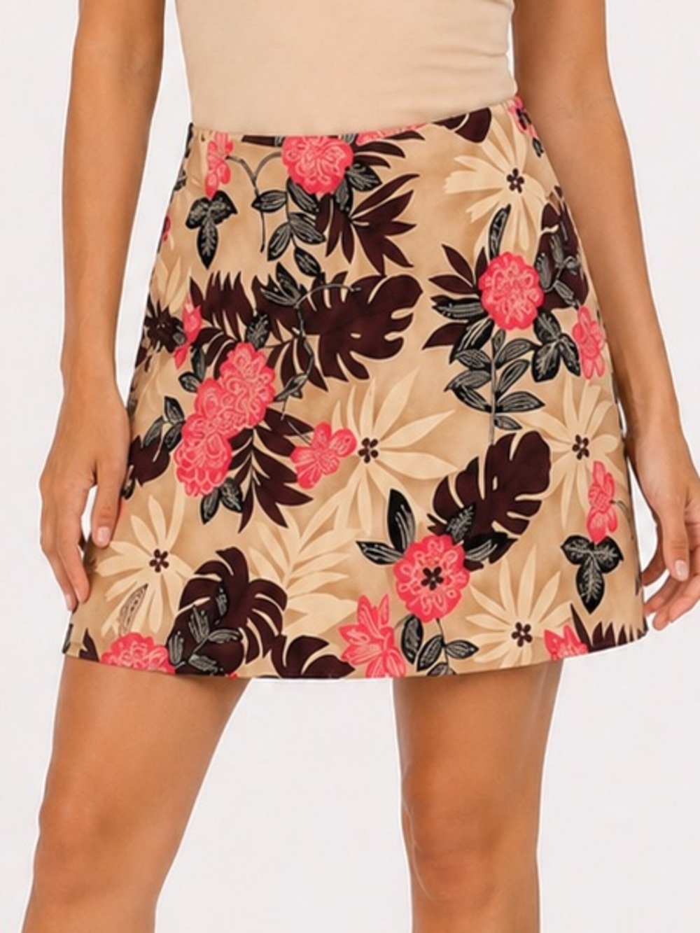 Tropical Mini Skort Skirt Silk Feminine Resort Floral Beaded Pink Tan Size 16